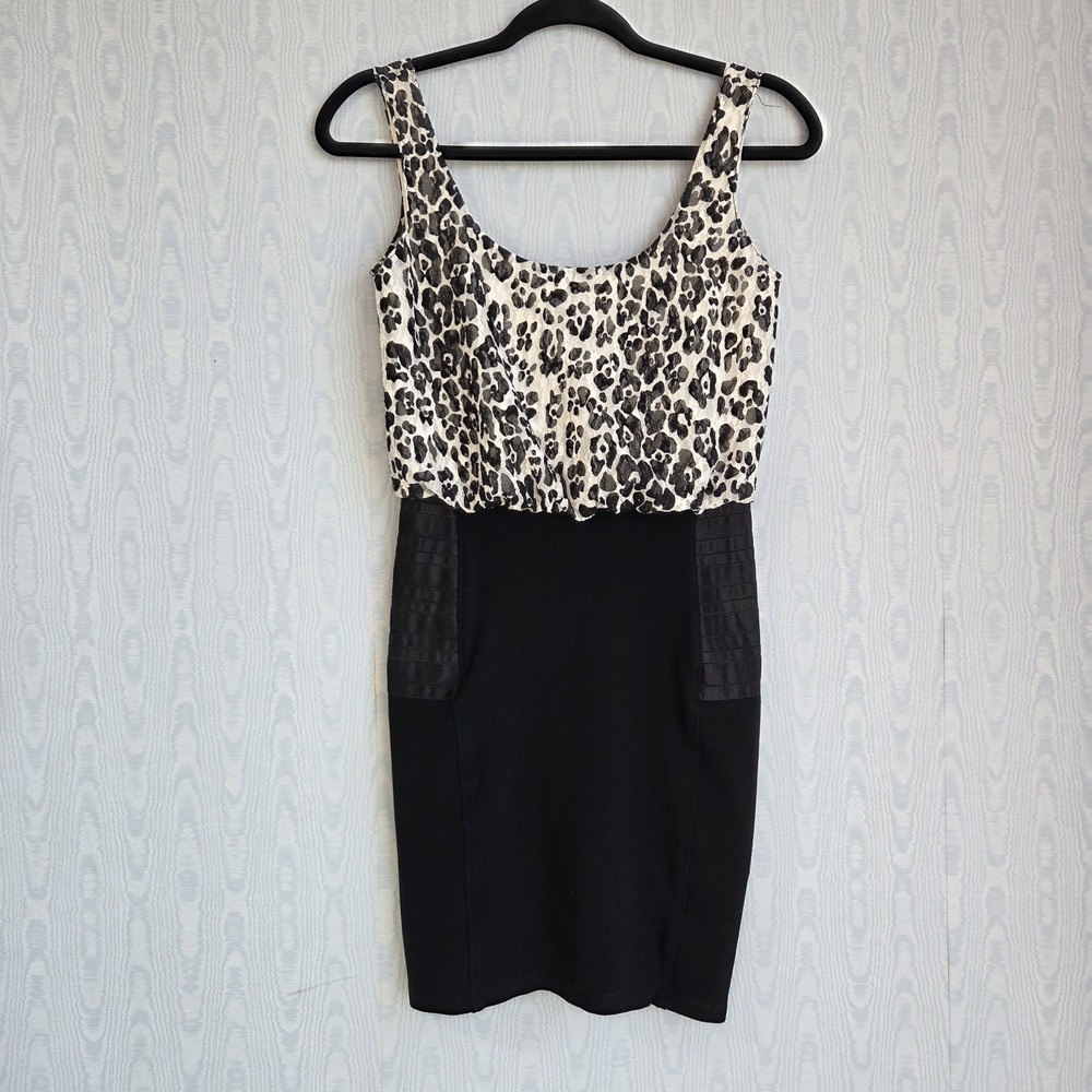 Y2K Gianni Bini 0 Mini Dress‎ Bodycon Blouson Animal Print Cocktail Black White